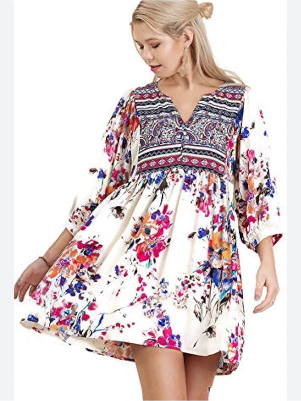 UMGEE USA floral Print Peasant Mini Dress     size L NWT